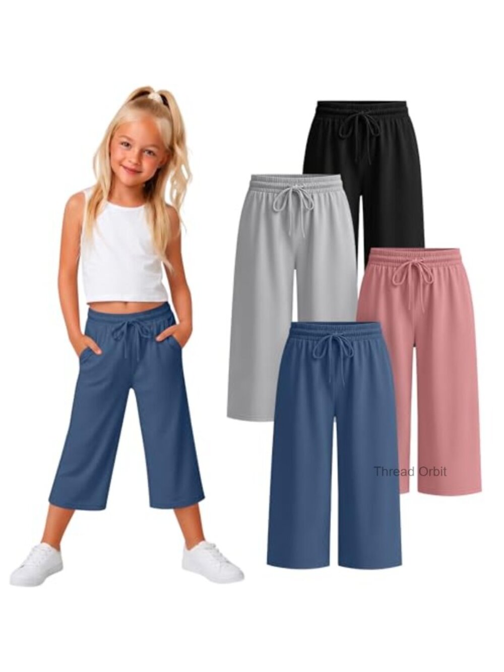 4 Pack Girls Capri Pants Wide Leg Drawstring Lightweight Cropped Sweatpants